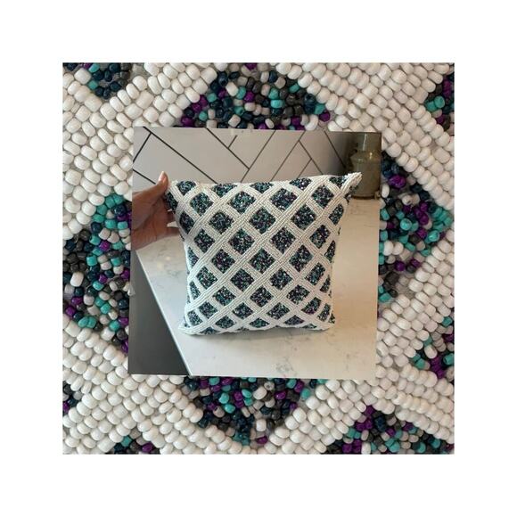 Tahari home heavily beaded purple teal white decorative square pillow accent - Picture 1 of 8